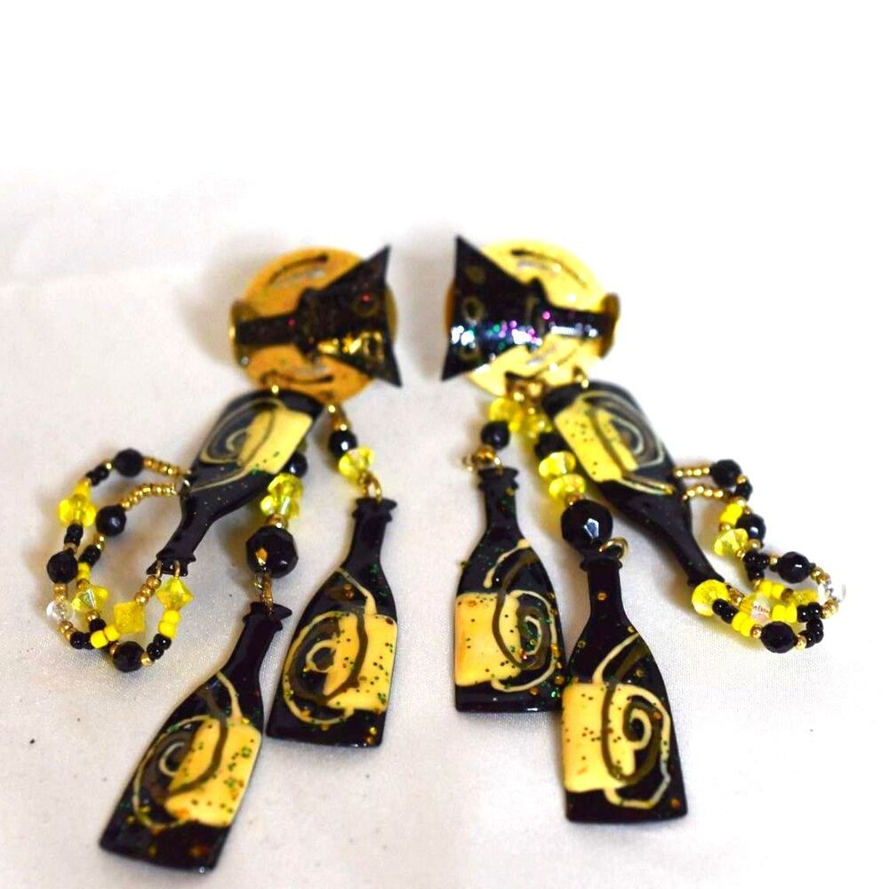 Putting On The Ritz Vintage Champagne Bottles/Glasses 4.5" Post Diva Earrings